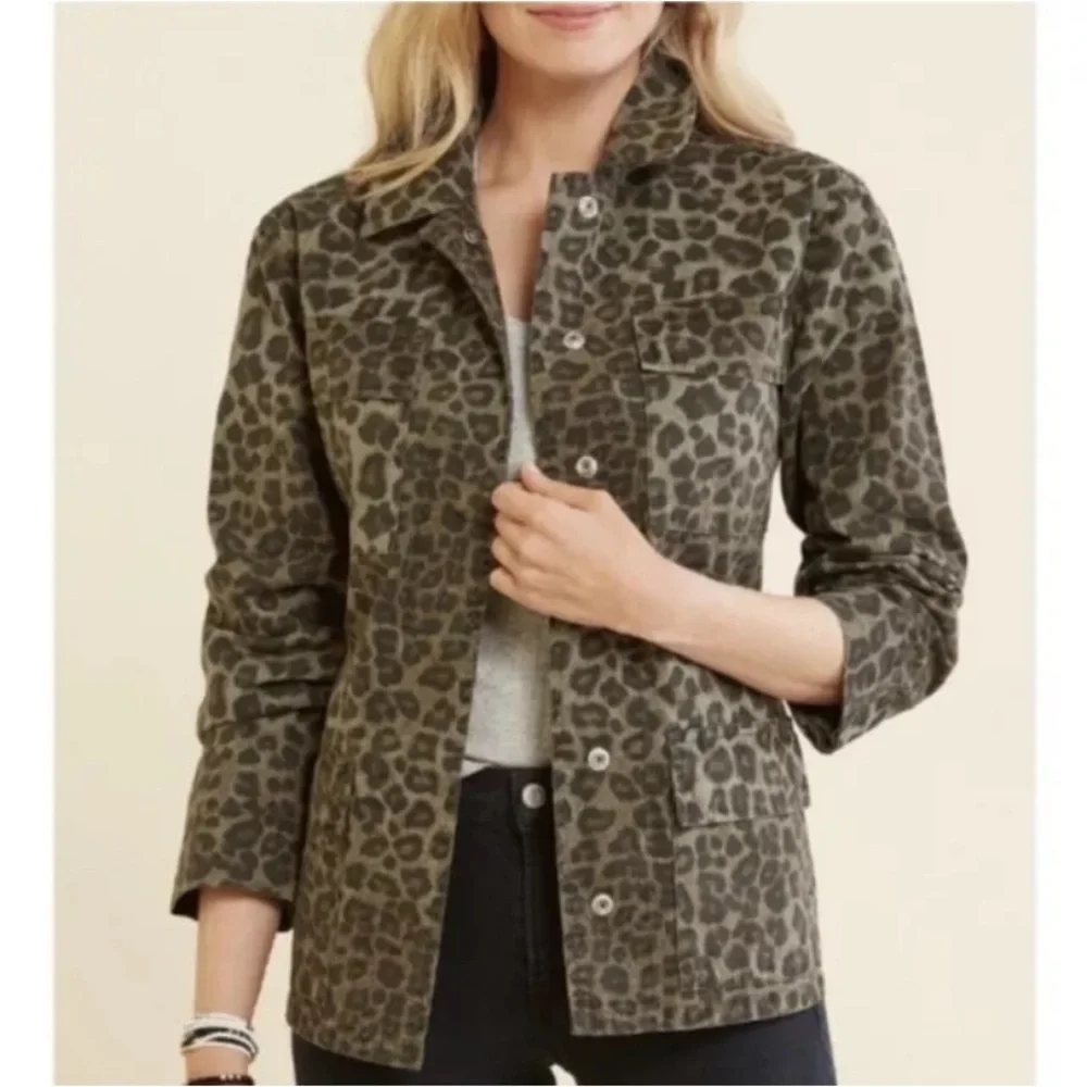 Good American Sage Green Leopard Cotton Utility Jacket With Pockets - Picture 7 of 11
